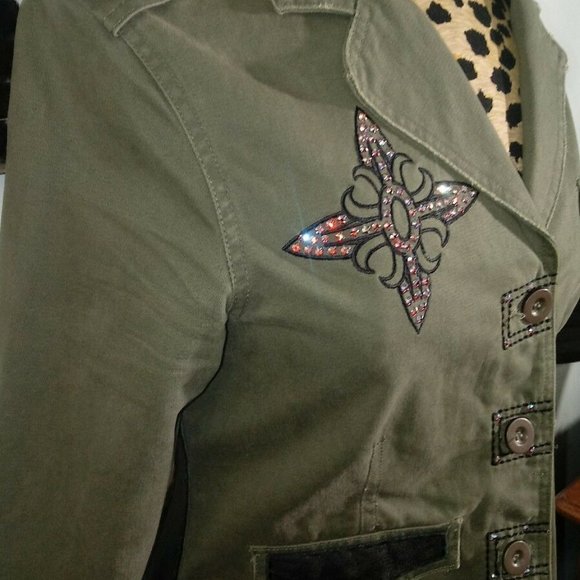 "JADED BY KNIGHT” Army Green Moto Blazer/Black Real LeatherAccents&Crystals M - Picture 8 of 8